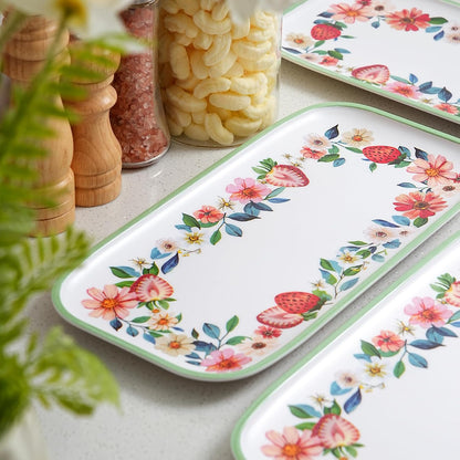 2 pcs Melamine Tray Set with Strawberry Design, 19 Inch and 14.5 Inch Large Serving Plates, Unbreakable Dinnerware for RV, Camping, Party, Easy Clean