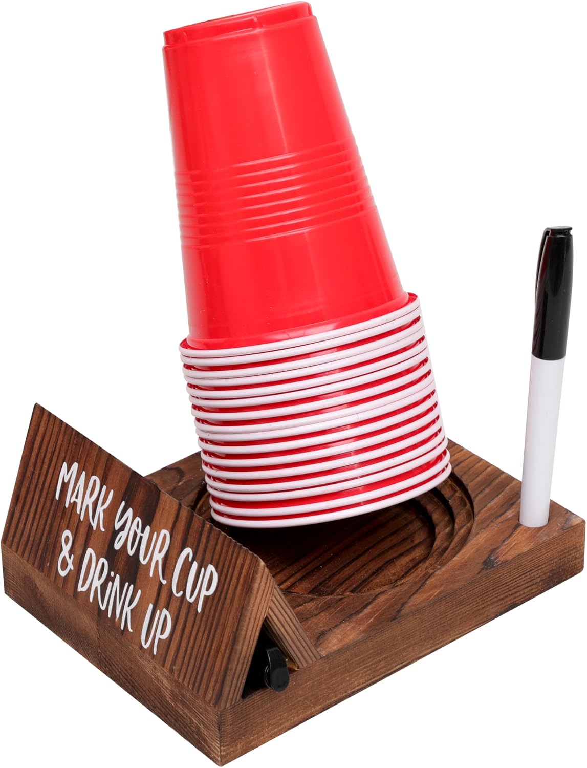 Wooden Brown Party Cup Holder with Marker Slot | Mark Your Cup and Drink Up Cup Holder |Hosting Party Essentials |Disposable Mug Dispenser for Birthday, BBQ, Holiday Events,Housewarming Gift (Brown)