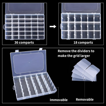 2 Pack Clear Bead Organizer Tackle Box with Adjustable Dividers for Jewelry Art Craft Containers 36 Grids Compartment with 5 Sheets Label Stickers