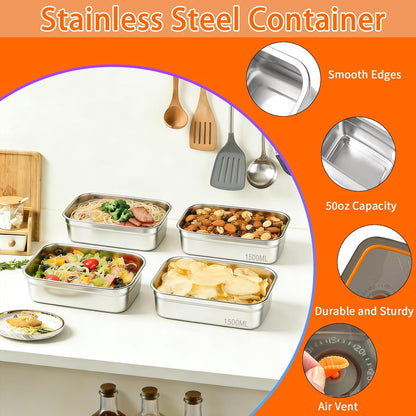 10PCS 50oz Stainless Steel Food Storage Containers with Airtight Lids, 1500ml Reusable Metal Meal Prep Container for Picnic Travel, Stackable Kitchen Lunch Snack Box, Freezer & Dishwasher Safe