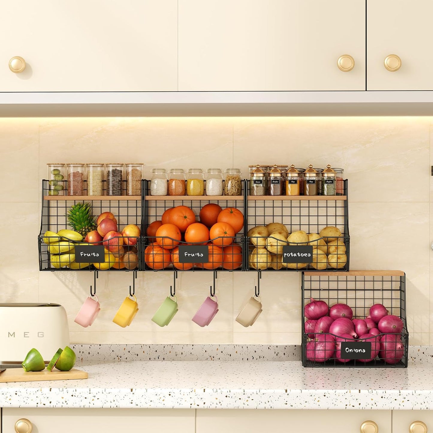 3 Pack Extra Large Fruit Basket for Kitchen with Wood Lid Nameplate - Counter&Wall Mounted Onion and Potato Storage Bin, Stackable Metal Hanging Wire Baskets,15.74 * 8.66 * 10.63 inch
