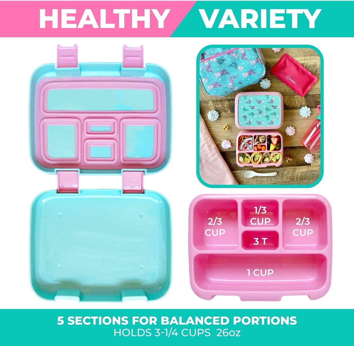 Bento Box with Stainless Steel Thermo, Insulated Lunch Bag, Ice Pack Set for Kids - 5 Compartments, Lunches or Snack Container for Girls, Toddlers Daycare Pre-School, Kindergarten Purple Unicorn