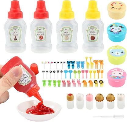 CALIDAKA 55Pcs Kids Bento Box Accessories Including Animal Food Picks Mini Condiment Bottles Ketchup Squeeze Bottle,Salad Dressing Container for Camping Kids Box Accessories