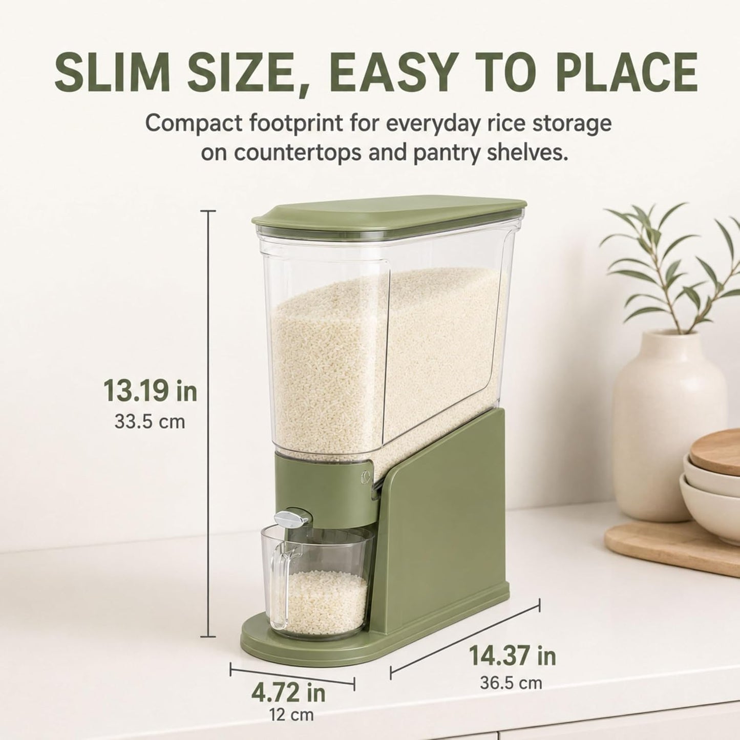 ROOM127 Rice Dispenser 22 Lbs, Large Airtight Grain Container, Cream White | Family Size Storage, BPA-Free, Moisture-Proof Seal, One-Touch Pouring, Clear Window, for Cereal, Beans, Oats & Dry Food