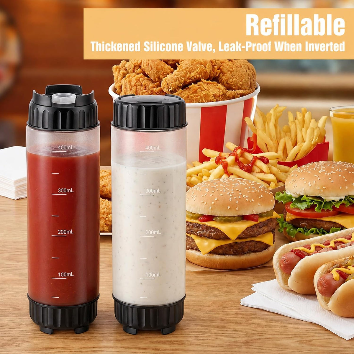 2 Pcs 16 oz Inverted Squeeze Bottles, Valve Condiment Dispenser (Black)