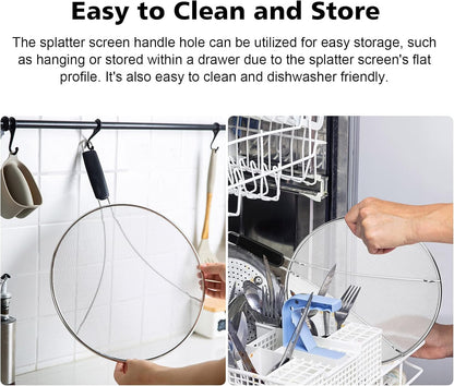 Splatter Screen for Frying Pan - 9.8" 11.4" 13" Stainless Steel Fine Mesh Grease Splatter Guard with Silicone Handle, Hot Oil Splash Guard for Cooking to Prevent Oil Splatter, Safe Cooking