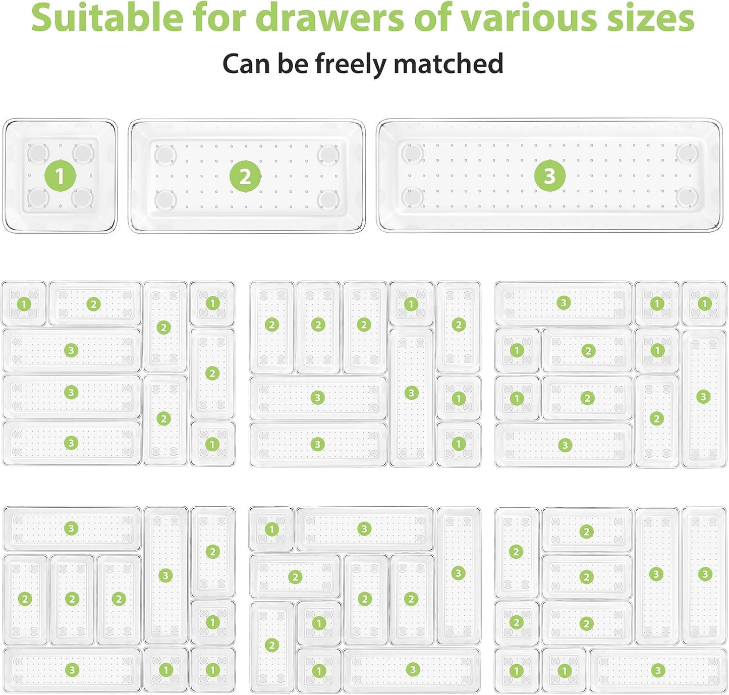 12 Piece Clear Drawer Organizer Set, 3 Sizes Bathroom Vanity Organizer Trays and Storage Bins for Makeup, Cosmetics, Jewelry, and Gadgets. Perfect for Office, Kitchen, Bedroom, Bathroom Use.
