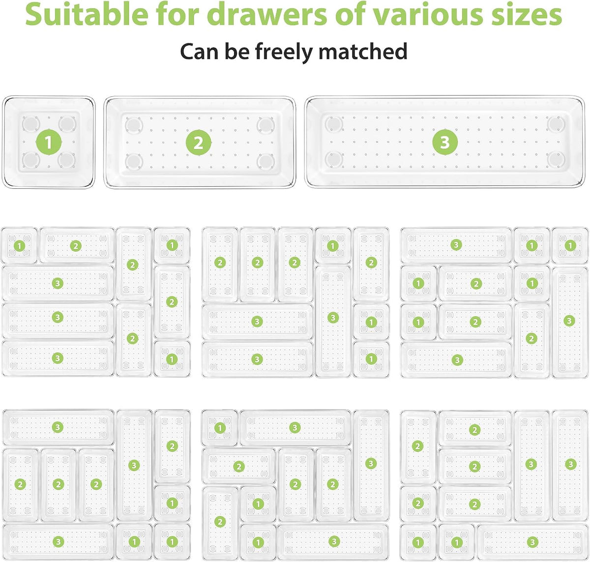 12 Pack Clear Drawer Organizer Set, 3 Sizes Bathroom Vanity Organizer Trays | Vanity and Makeup Organizer | Bathroom Organizer Trays | Storage Bins For Makeup | Cosmetics | Jewelry | Gadgets