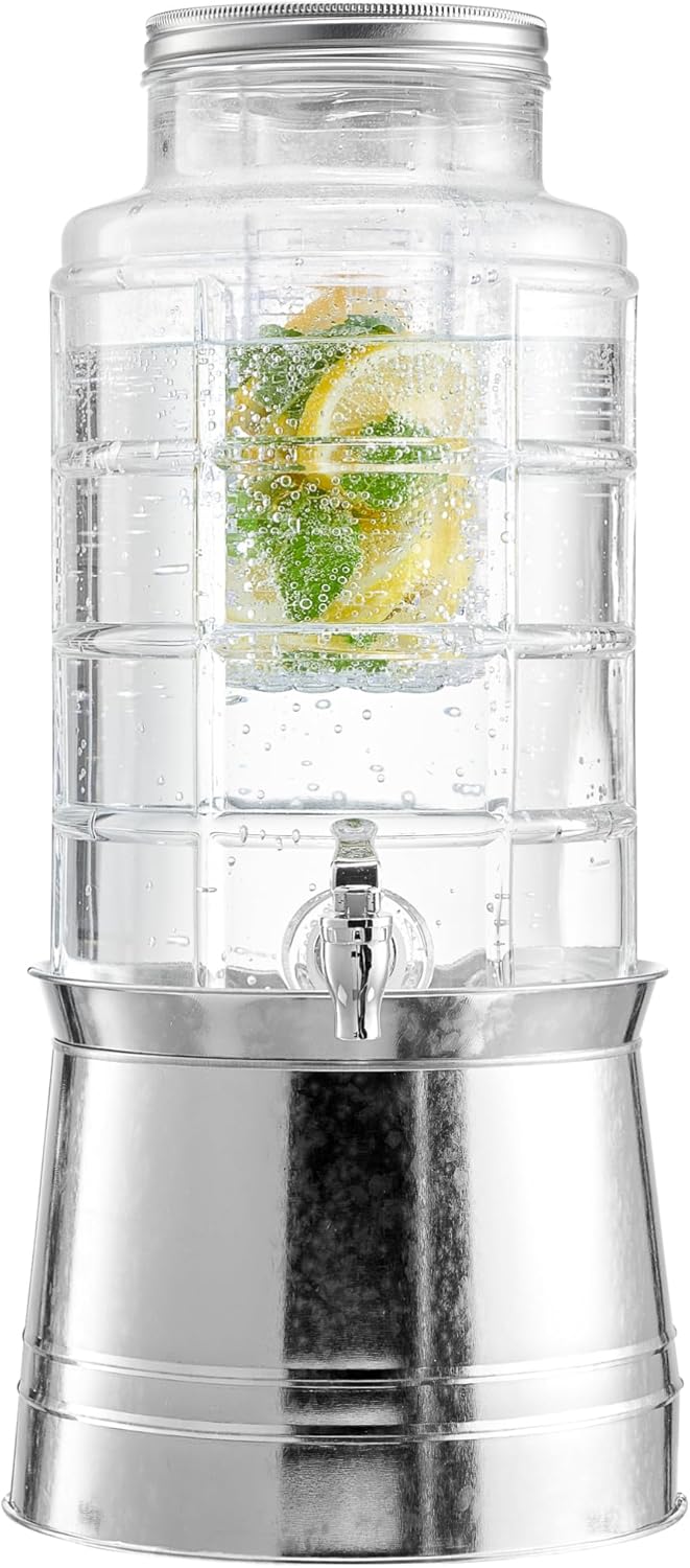 Style Setter Patchwork Beverage Dispenser Cold Drink Dispenser w/ 2.4-Gallon Capacity Glass Jug, Ice Insert, Fruit Infuser, Galvanized Base, Leak Proof Spigot Great for Parties Weddings