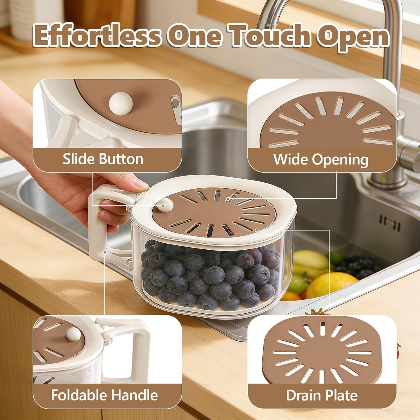 2PCS Fruit Washer with Strainer - Draining and Preservation Basket Fruit Washing Bowl Fridge Berry Container,Folding Handel for Kitchen,Outdoor