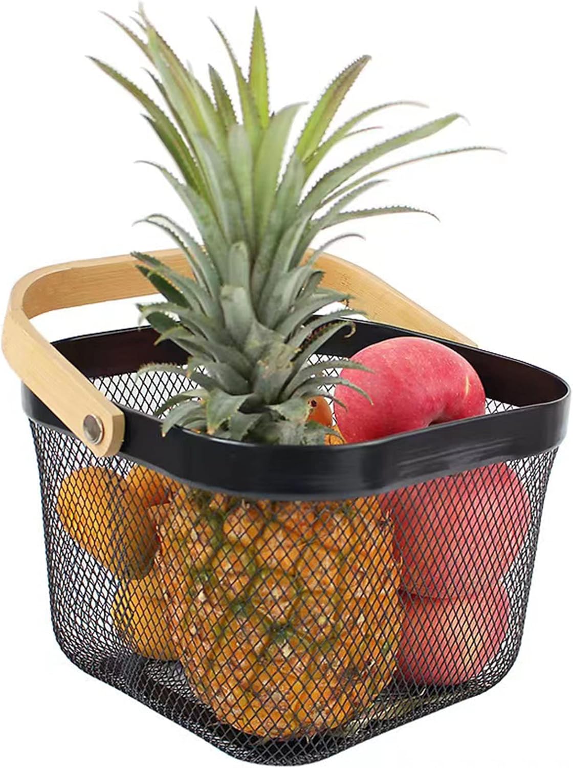 AJIODA Metal Mesh Steel Basket, Storage Organizer Basket Multi-functional Hanging Kitchen Baskets Fruit Basket Bin with Bamboo Handle for Kitchen Bathroom Picnic Shopping Decor Cabinet Home, Blue