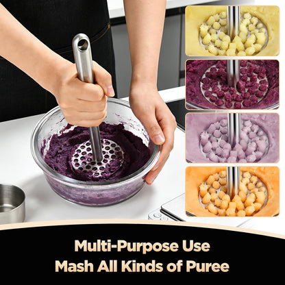 Manual Potato Masher, Stainless Steel Heavy Duty Hand Food Smasher with Large Round Mashing Plate, Reinforced Thick Handle Kitchen Tool for Mashed Potatoes, Avocado,Beans and Baby Food(LP PM-01)