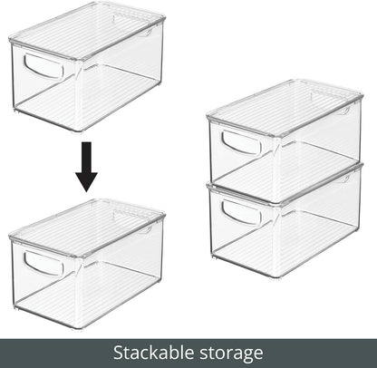 mDesign Deep Plastic Bathroom Storage Bin Box, Lid/Built-in Handles, Organization for Makeup, Hair Styling Tools, Toiletry Accessories in Cabinet, Shelves, Ligne Collection, 8 Pack, Clear
