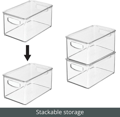 mDesign Deep Plastic Bathroom Storage Bin Box, Lid/Built-in Handles, Organization for Makeup, Hair Styling Tools, Toiletry Accessories in Cabinet, Shelves, Ligne Collection, 8 Pack, Clear