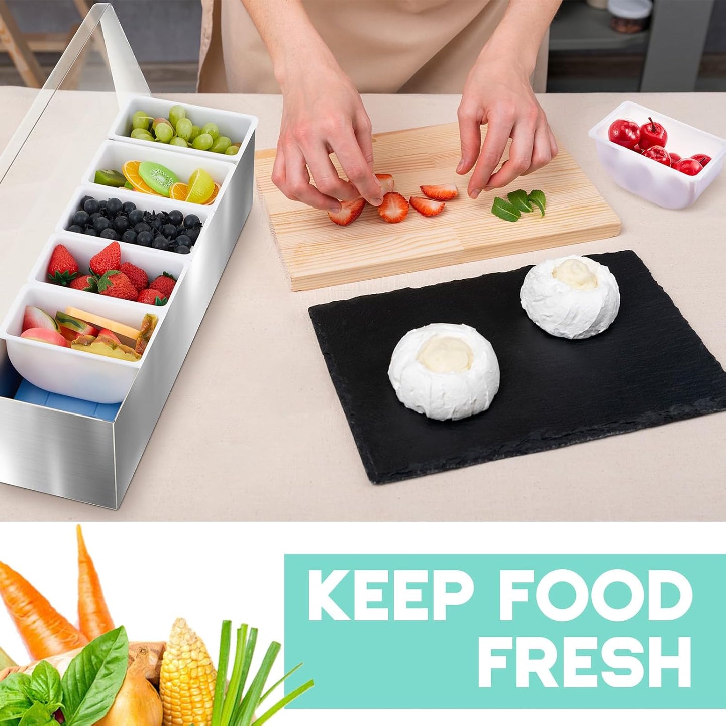Mifoci 1 Pack Stainless Steel Chilled Condiment Server 6 Removable Slot Toppings Containers with Lid and Bottom Ice Bar Garnish Tray with 9 Silverwares 4 Ice Boxes for Christmas Party, Events and Bar