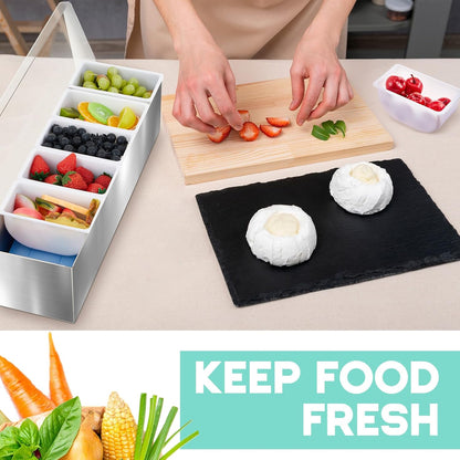 Mifoci 1 Pack Stainless Steel Chilled Condiment Server 6 Removable Slot Toppings Containers with Lid and Bottom Ice Bar Garnish Tray with 9 Silverwares 4 Ice Boxes for Christmas Party, Events and Bar