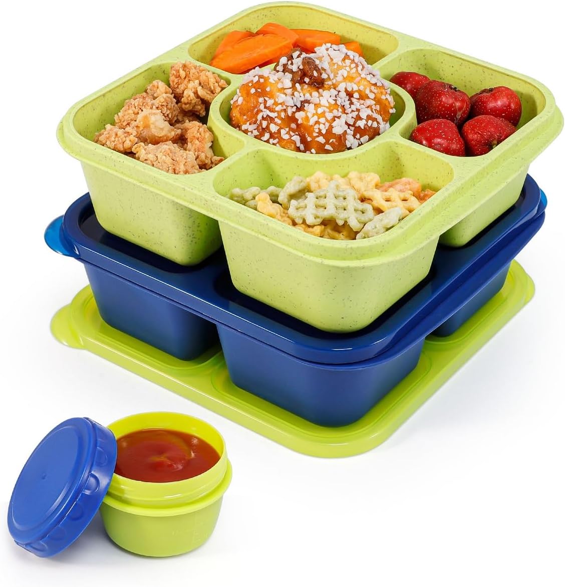 Original Lunchable Snack Containers - 5 Compartments Bento Snack Boxes with 1 Leakproof Small Containers, Wheat Straw, BPA-Free, Set of 2 (Bule+Pink)