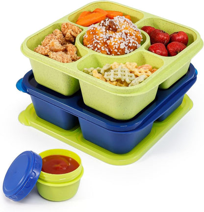Original Lunchable Snack Containers - 5 Compartments Bento Snack Boxes with 1 Leakproof Small Containers, Wheat Straw, BPA-Free, Set of 2 (Bule+Pink)