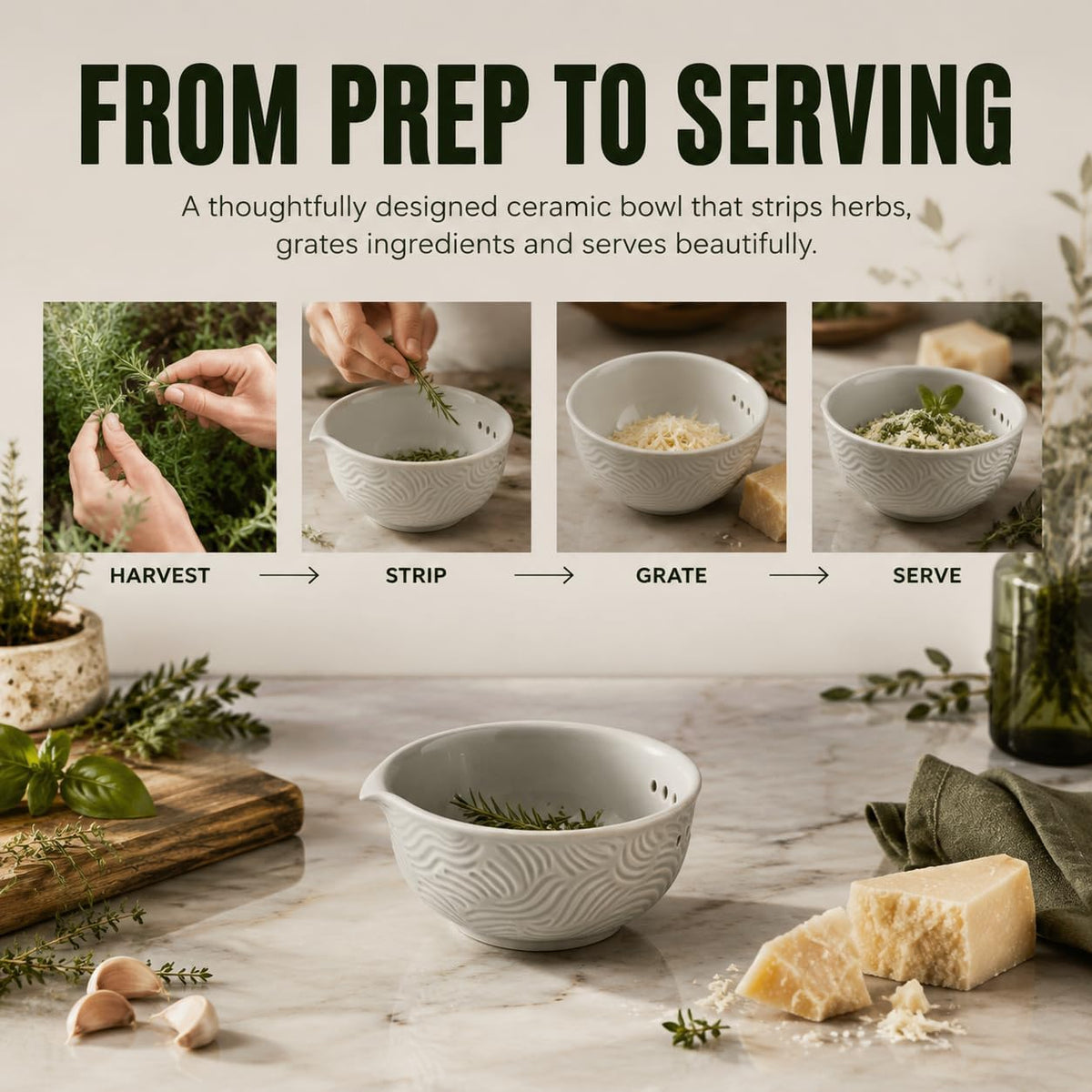 Herb Stripper Bowl, 3-in-1 Ceramic Herb Peeling Bowl
