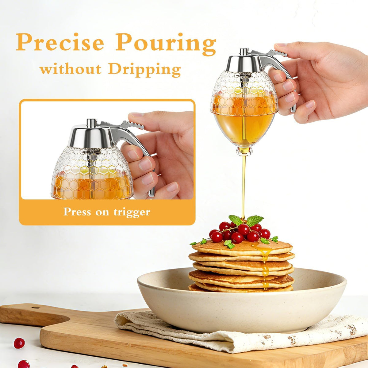 Honey Dispenser No Drip Glass 8 oz with Plastic Top, Beautiful Honeycomb Shaped Honey Jar with Stand - 6" Clear Container, Honey Pot, Maple Syrup Dispenser, Perfect Bee Decoration for Home Kitchen