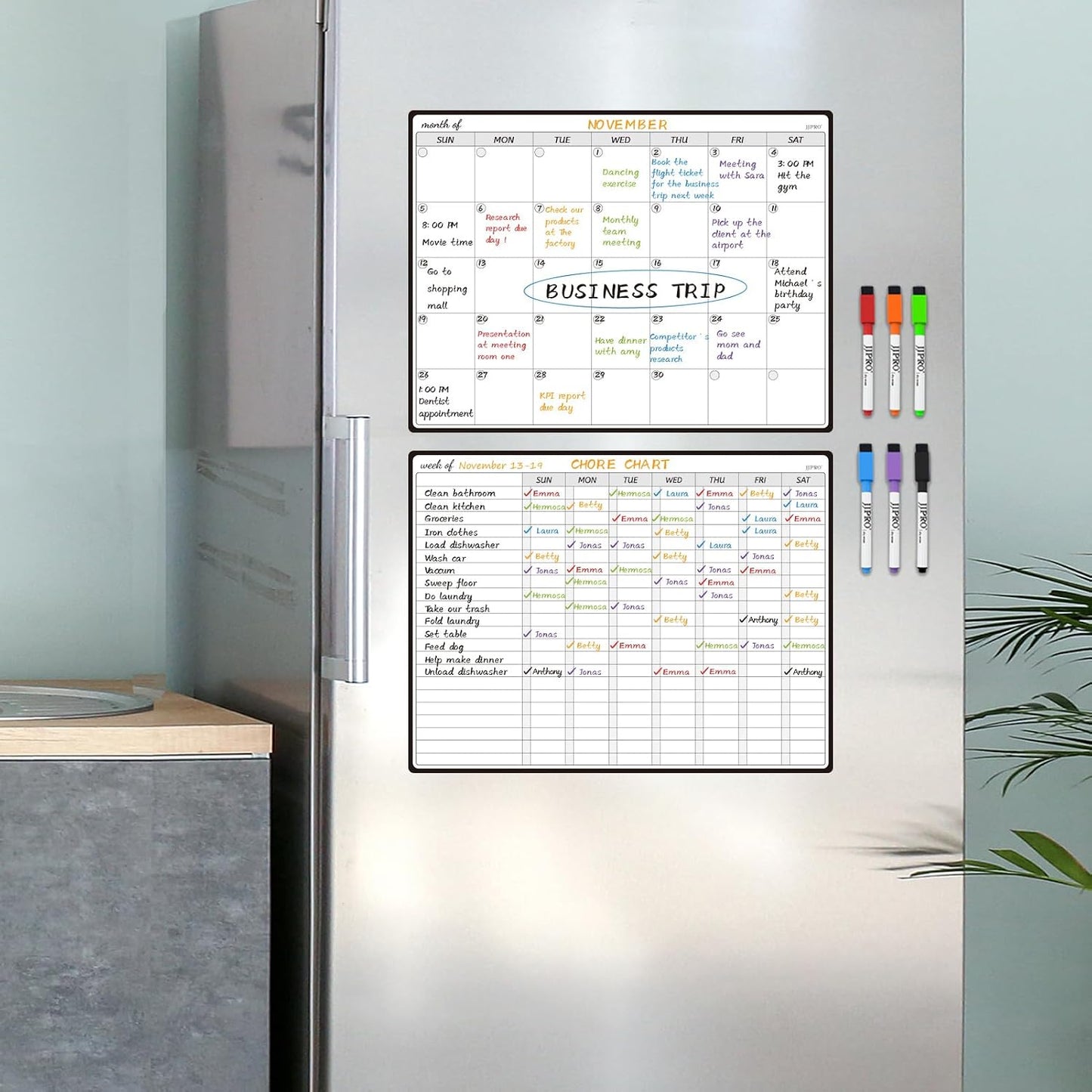 JJPRO Magnetic Monthly Calendar Whiteboard Set for Refrigerator-Monthly Planning Board, Weekly Menu Planner and to Do List for Fridge with 6 Markers-14.5" x11