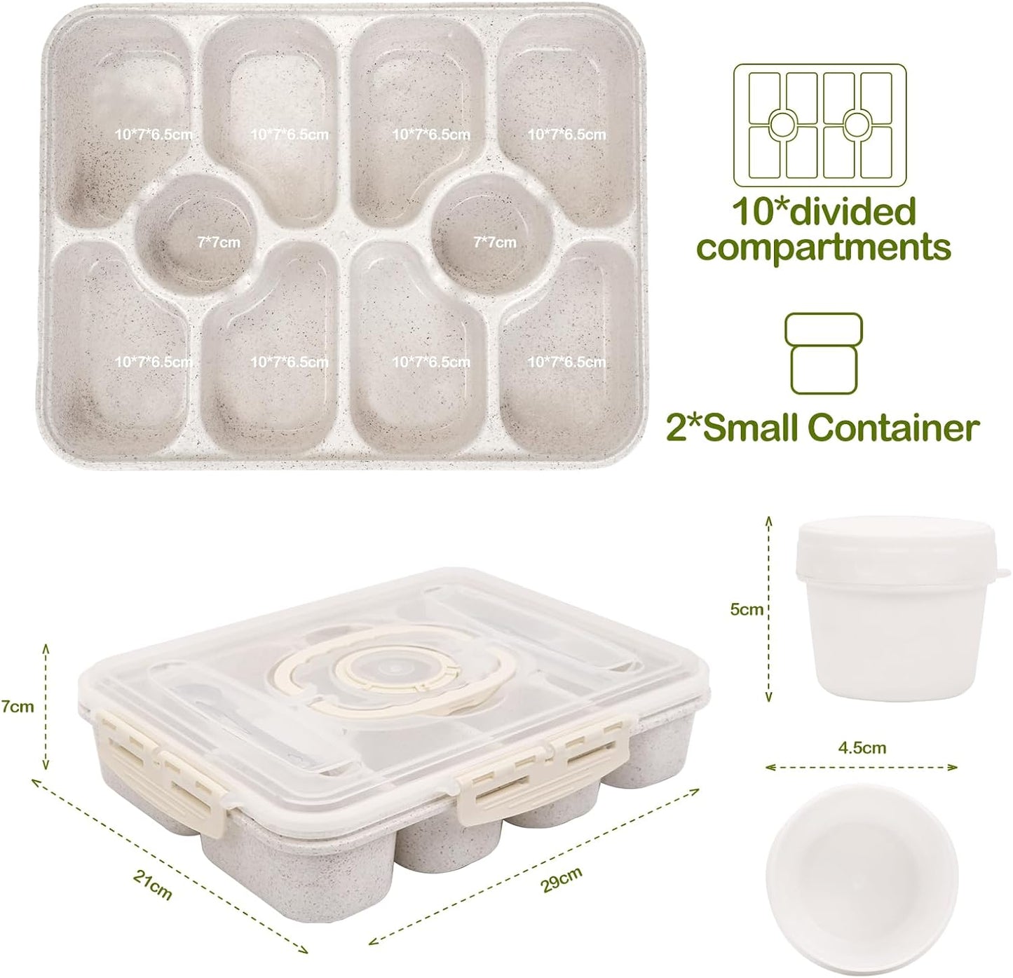 Snackle Box Containers with 2 Sauce Pots - Quality PET Material Snackle Container, 10 Compartments,Portable Snack box for Picnic, Camping, Party(White)