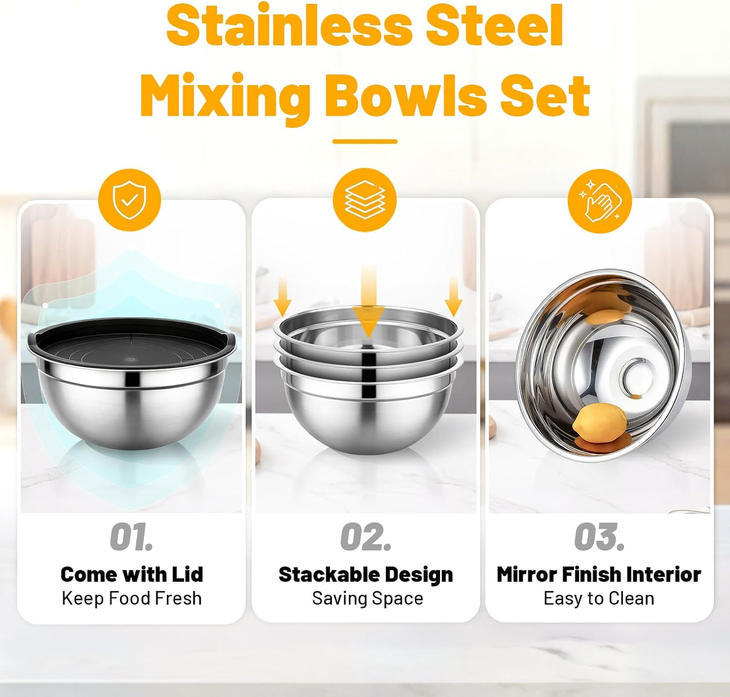 Beasea Stainless Steel Mixing Bowls, 5 Pack 1.5 QT Stackable Nesting Mixing Bowls with Airtight Lids, Metal Bowl with Lid for Baking, Meal Prepping, Salad, Serving, Food Storing