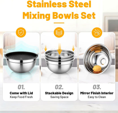 Beasea Stainless Steel Mixing Bowls, 5 Pack 1.5 QT Stackable Nesting Mixing Bowls with Airtight Lids, Metal Bowl with Lid for Baking, Meal Prepping, Salad, Serving, Food Storing
