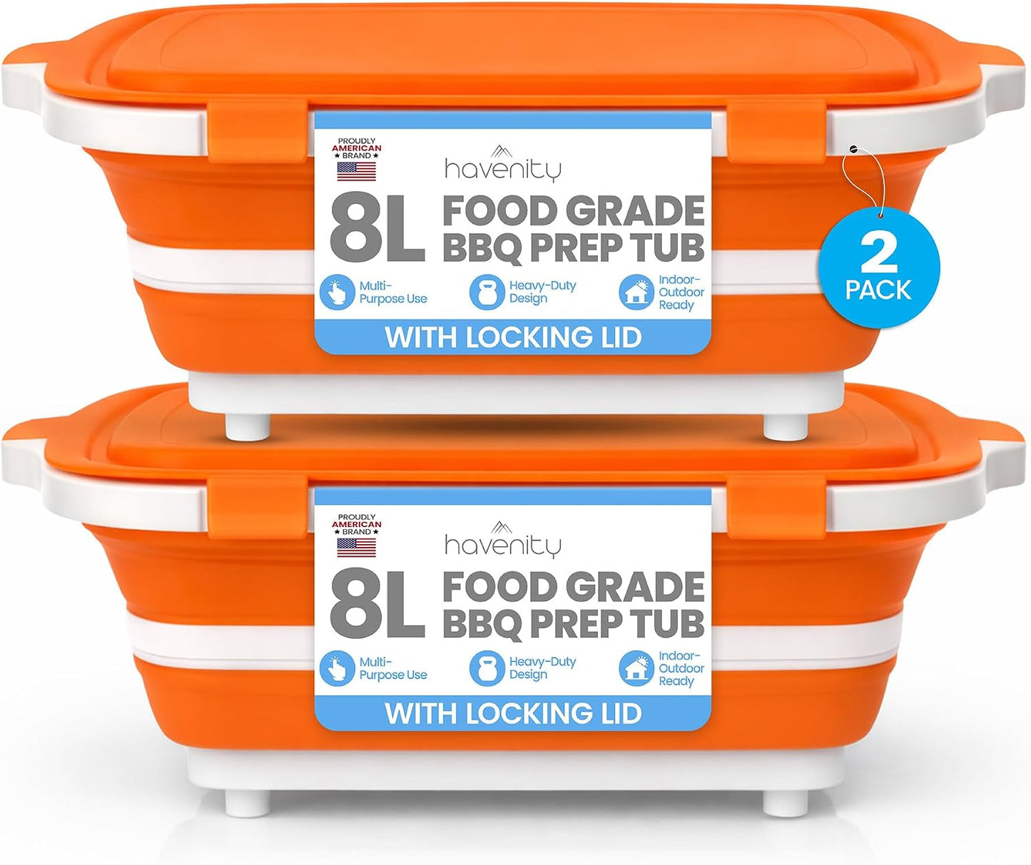 BBQ Prep Tub 2 Pack (8L+8L) - Multifunctional Collapsible Camping Cutting Board with Upgraded Locking Lid, Meal Prep Meat Storage Container Perfect for Grilling, Outdoor Cooking (Large x 2)