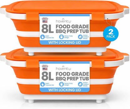 BBQ Prep Tub 2 Pack (8L+8L) - Multifunctional Collapsible Camping Cutting Board with Upgraded Locking Lid, Meal Prep Meat Storage Container Perfect for Grilling, Outdoor Cooking (Large x 2)