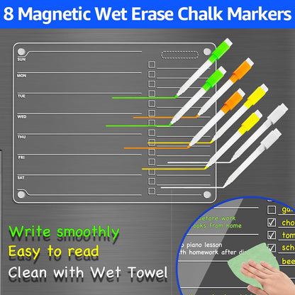 PigPotParty Acrylic Magnetic Chore Chart for Adults, 12x9.5 Inch Clear Dry Erase Chore Board for Fridge, Daily Weekly and Notes Sections, Pre-Installed Embedded Magnets, 8 Fine-tip Markers and Towel