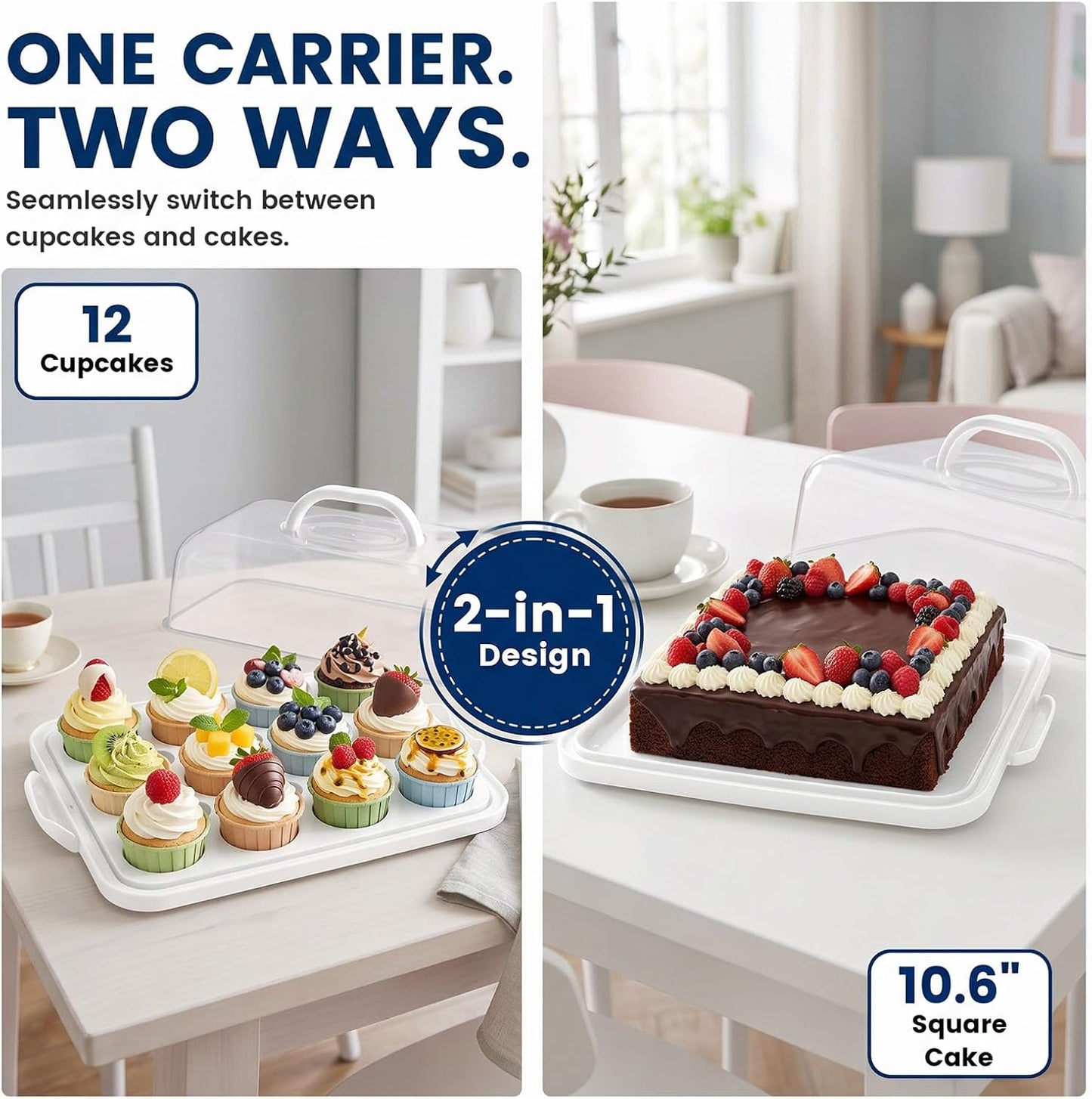 VGOODALL Cake Carrier with Lid and Handle, 12 Capacity Cupcake Carrier, 2-in-1 Rectangular Cupcake Holder for Pies Muffin Pizza Nuts Fruit, Dessert Storage Containers for Parties, Picnics, Baking