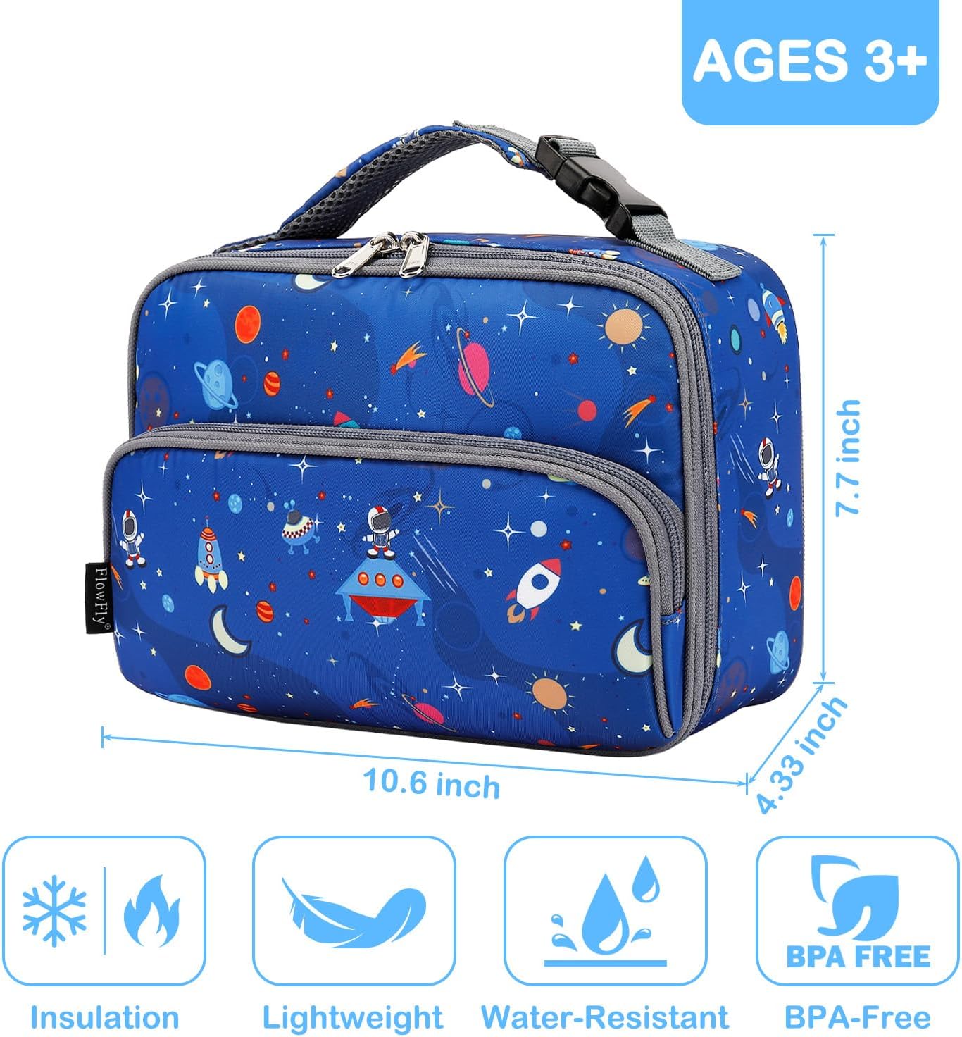 FlowFly Kids Lunch box Insulated Soft Bag Mini Cooler Back to School Thermal Meal Tote Kit for Girls, Boys, Astronaut - Colors B