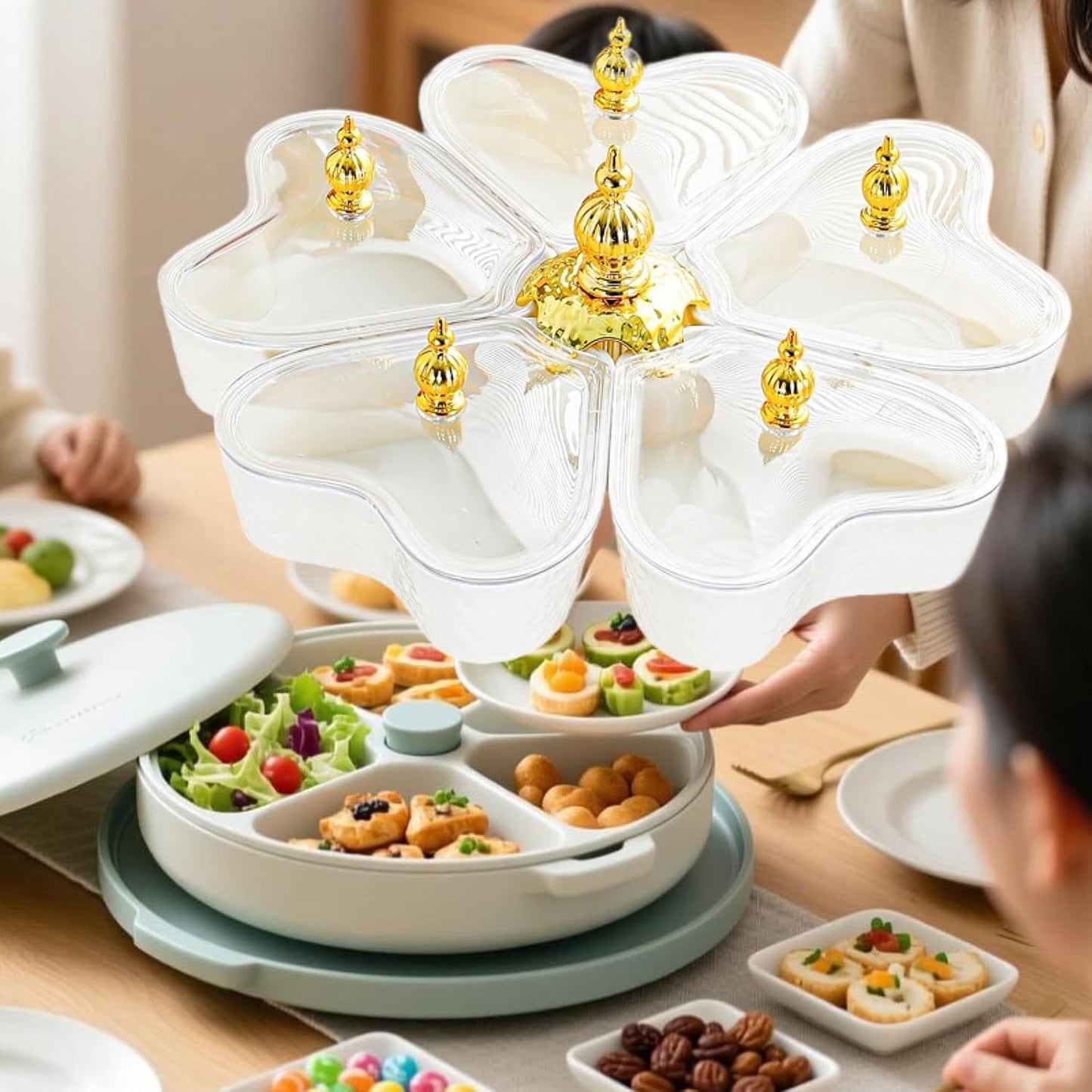 Divided Rotating Serving Tray 5 Compartments, Organizer Candy and Nut Dishes with Lid for Cookies Nuts Cakes, White Heart