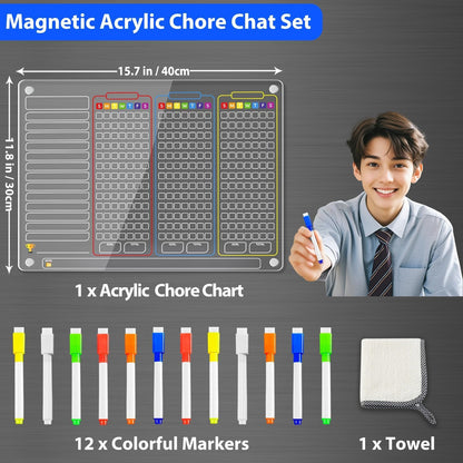 PigPotParty 2-in-1 Acrylic Magnetic Chore Chart for 2 Kids, Couples, Roommates, 15"x11" Large Dry Erase Chore Board for Fridge, Clear Weekly & Daily Reward Chart, Includes 12 Markers & Towel