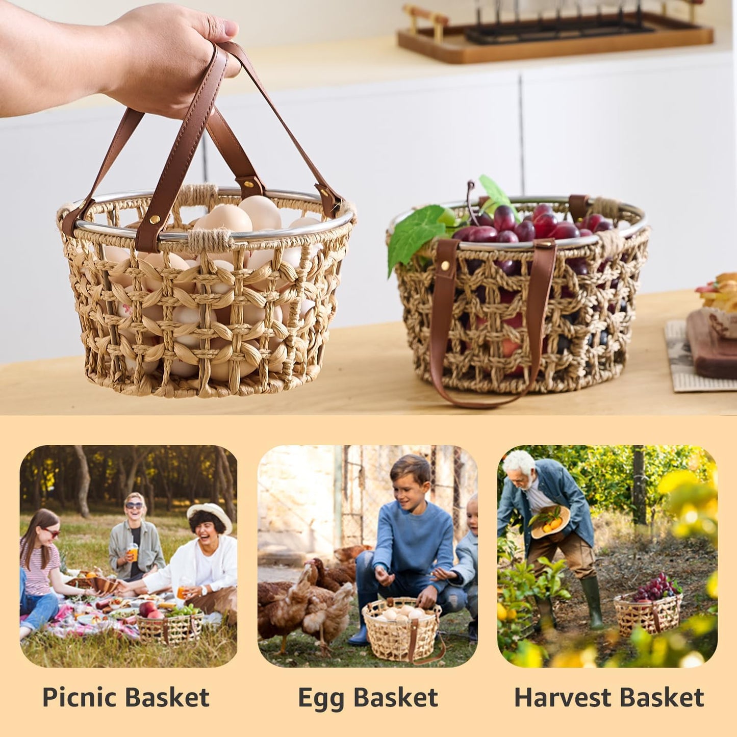 Egg Baskets for Collecting Fresh Eggs Farmhouse Handmade Wicker Hyacinth Egg Collecting Basket with Handle