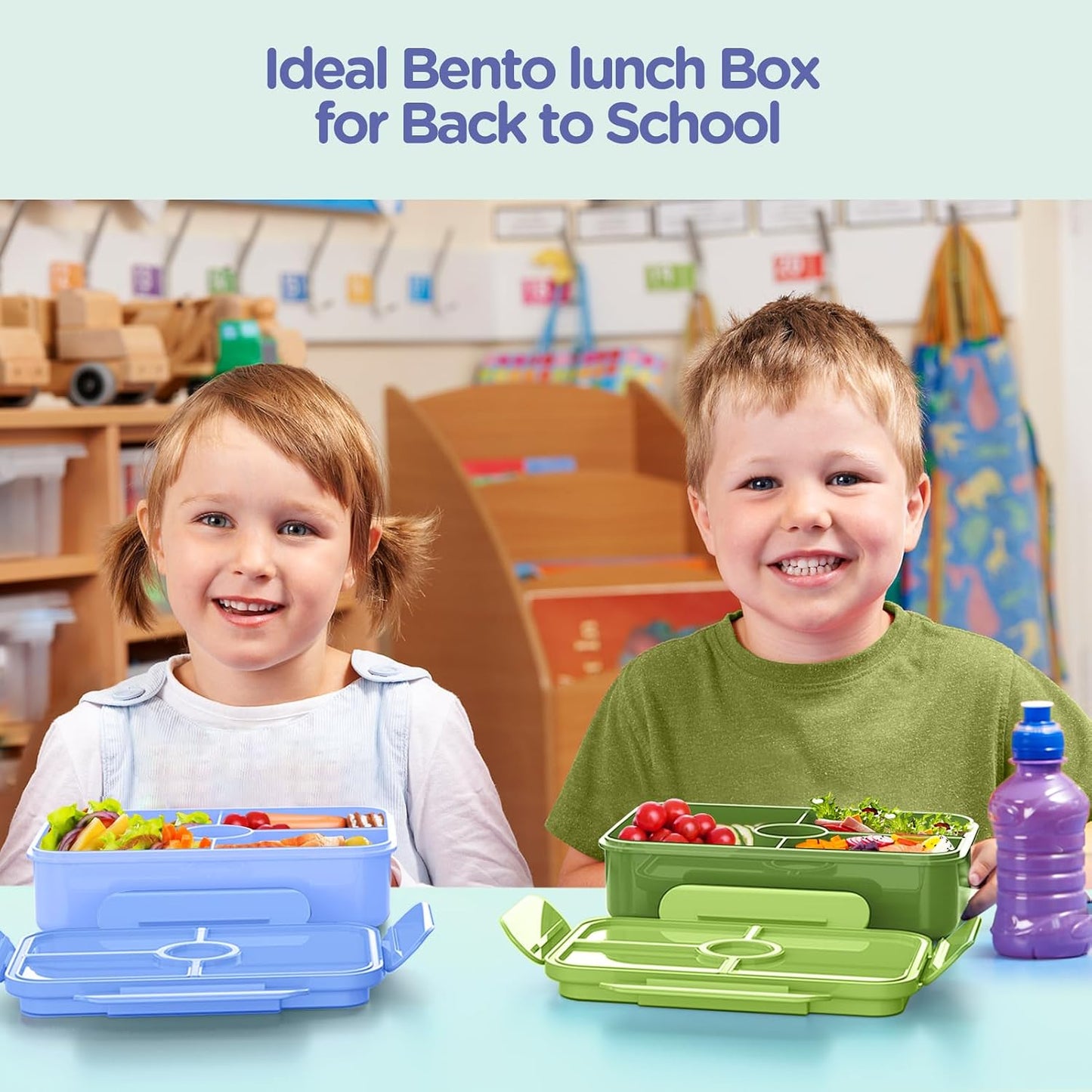 Jelife Bento Lunch Box for Kids - Leakproof Large Bento-Style with 4 Compartments Portions Lunchbox with Tableware Back to School, Reusable On-the-Go Meal and Snack Packing, Blue
