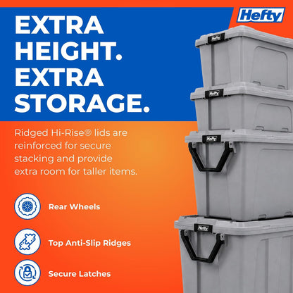 Hefty MAX Pro 28 Gallon Wheeled Storage Bins with Lids, Heavy Duty Rolling Storage Containers with Latching Handles, Stackable Plastic Totes for Garage, Moving & Outdoor Storage, 4 Pack, Gray