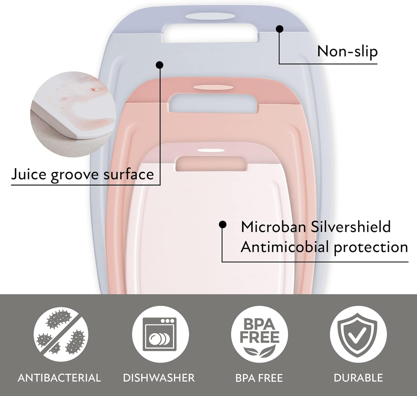 Neoflam Microban Protection Cutting Board 3 Piece Set, Stain & Odor/BPA Free, Reversable Board, Upgraded Larger Juice Groove, Non-Slip EZ Grip Handle, Dishwasher Safe, Pastel