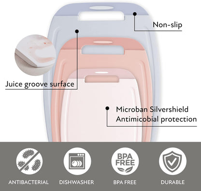 Neoflam Microban Protection Cutting Board 3 Piece Set, Stain & Odor/BPA Free, Reversable Board, Upgraded Larger Juice Groove, Non-Slip EZ Grip Handle, Dishwasher Safe, Pastel