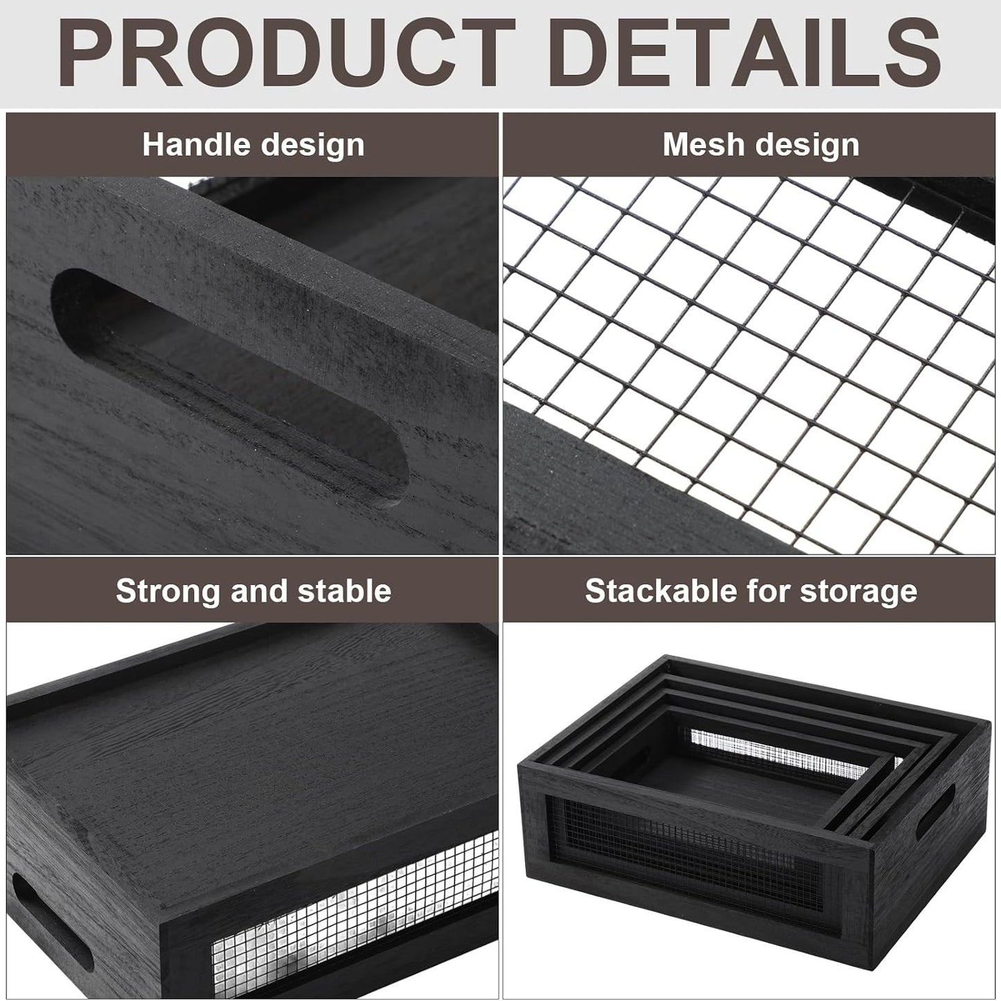 FillTouch 4 Pcs Wooden Nesting Countertop Baskets 4 Size Wooden Storage Box with Handle and Metal Wire Multipurpose Wood Organizer Crate for Fruit Vegetable Kitchen Cabinet Bathroom(Dark Brown,Small)