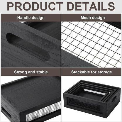FillTouch 4 Pcs Wooden Nesting Countertop Baskets 4 Size Wooden Storage Box with Handle and Metal Wire Multipurpose Wood Organizer Crate for Fruit Vegetable Kitchen Cabinet Bathroom(Dark Brown,Small)
