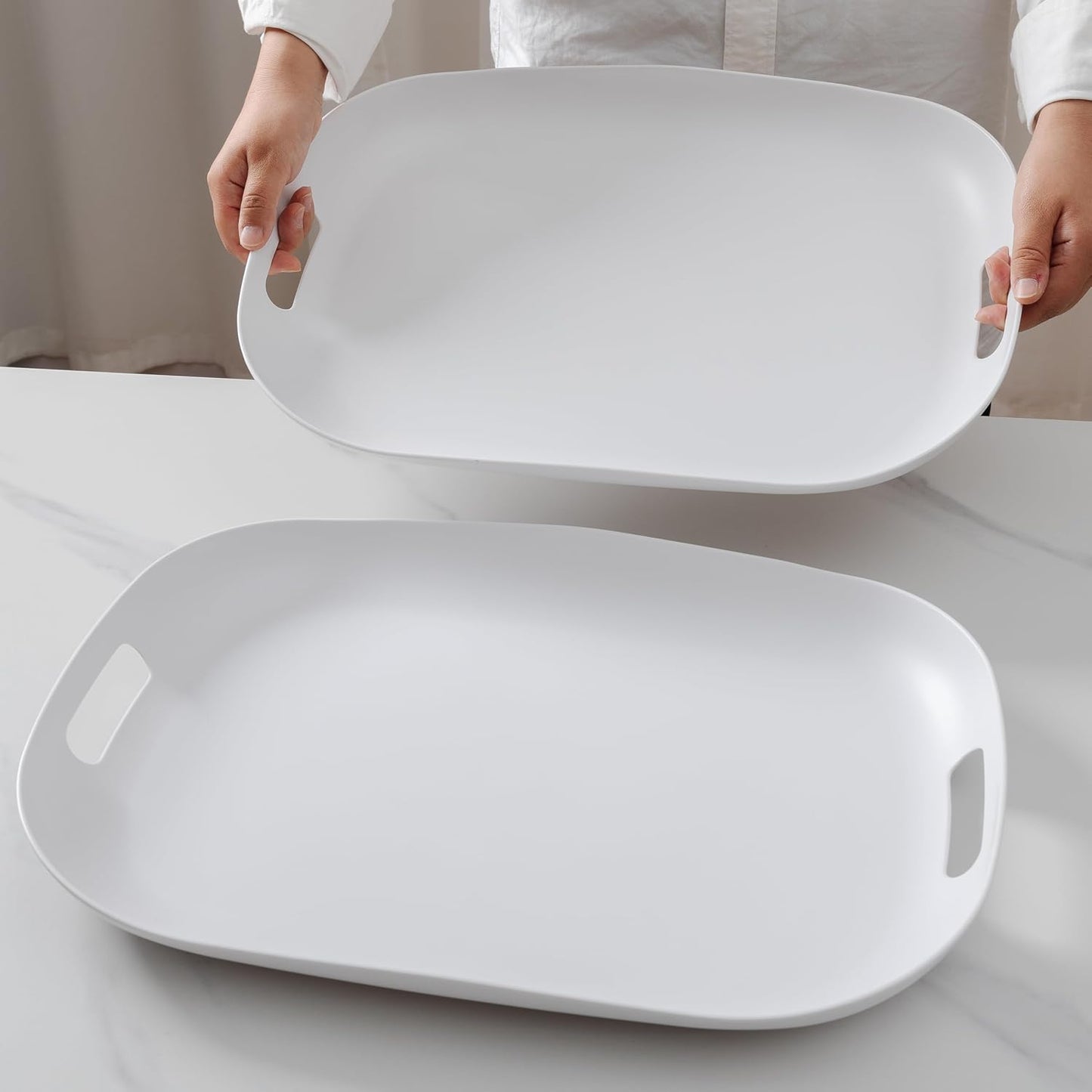 Chip & Dip Serving Tray Set, 4 Sectional Round Melamine Serving Platter, Relish Tray, Round Compartment Appetizer platter for Veggies, Candy and Snacks, Matte Black, Set of 2