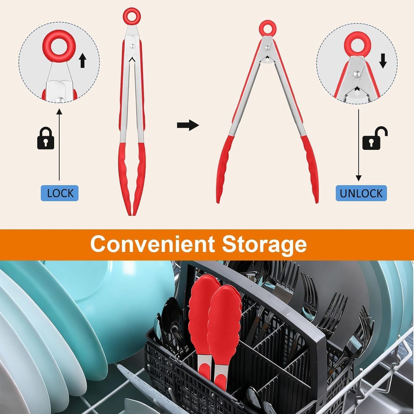 Tongs For Cooking - Heat Resistant 600 Degrees Stainless Steel Kitchen Tong,Heavy Duty Metal Locking Tongs - Perfect for Food,Salad and BBQ set of 3 (7",9" and 12") Dishwasher (Red)