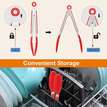 Tongs For Cooking - Heat Resistant 600 Degrees Stainless Steel Kitchen Tong,Heavy Duty Metal Locking Tongs - Perfect for Food,Salad and BBQ set of 3 (7",9" and 12") Dishwasher (Red)