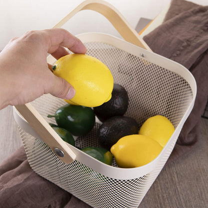 IBWell Square Metal Wire Woven Fruit Storage Bowl Basket with Wooden Handle, Large Black Mesh Fruit Stand, Multi-function Hanging Kitchen Baskets (White, Normal)