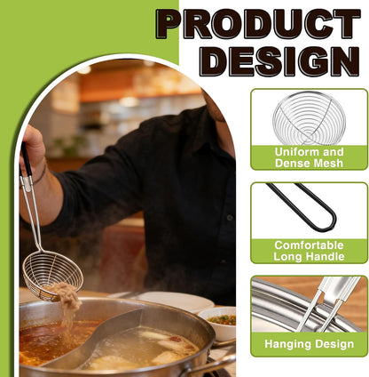 6 Pieces Stainless Steel Spider Strainer Skimmer, 4 Inch Hot Pot Kit Strainer Scoops with Long Handle, Asian Skimmer Spoon Ladle for Boba Pearls, Pasta, Meatball, Cooking & Frying Food