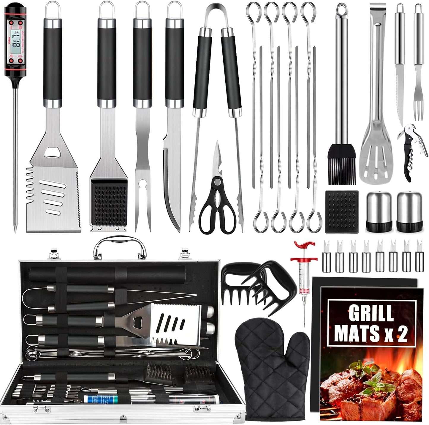 Cifaisi BBQ Grill Accessories Set, 38Pcs Stainless Steel Grill Tools Grilling Accessories with Aluminum Case, Thermometer, Grill Mats for Camping/Backyard Barbecue, Grill Set for Men Women