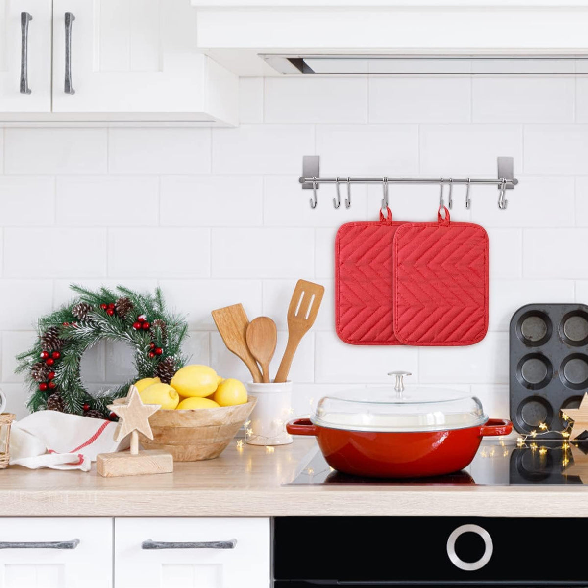 R HORSE 6Pcs Black Pot Holders with Pocket for Kitchen, 7''x 9''