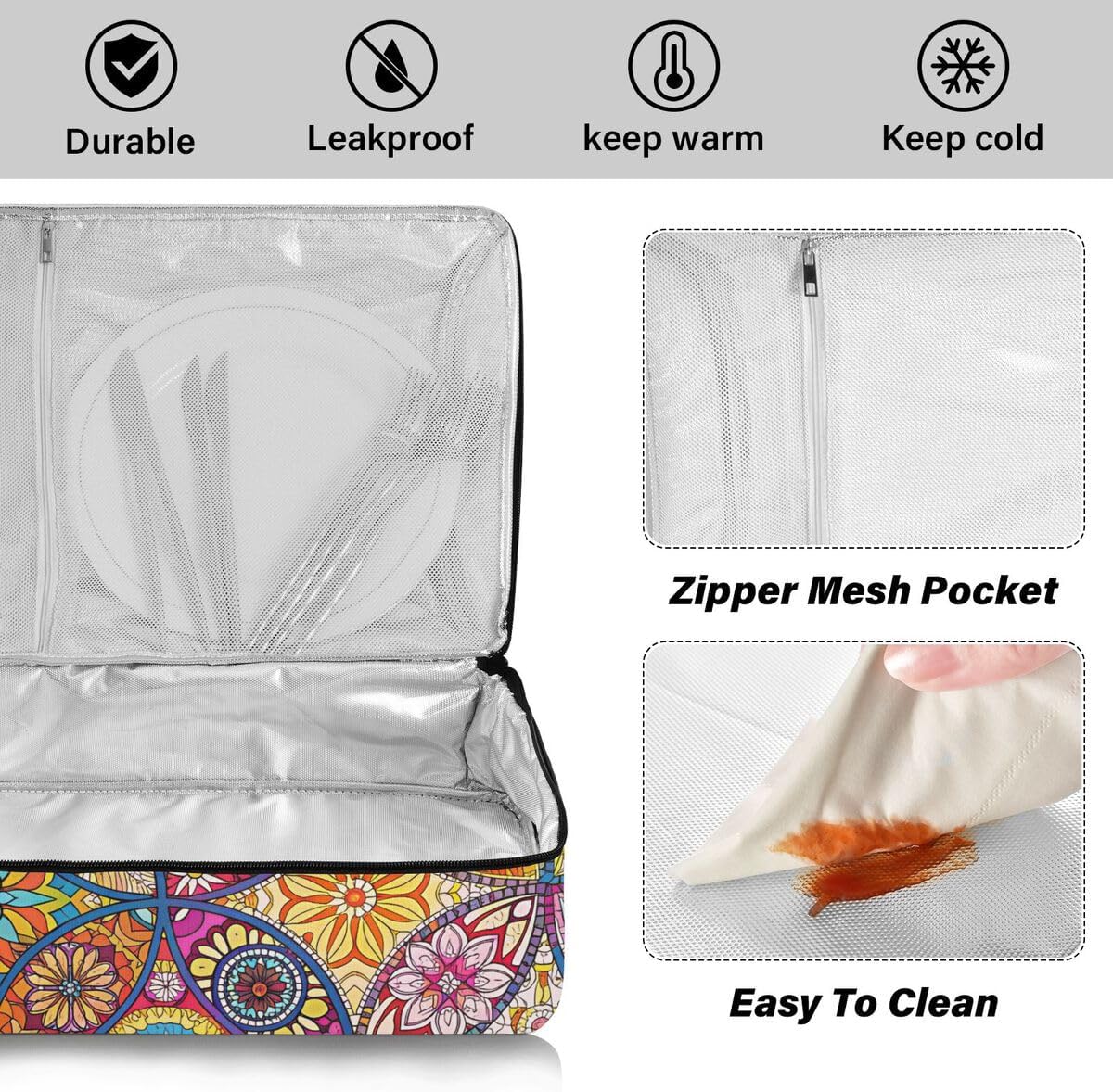 Mandala Casserole Dish Carrier, Portable Leakproof Insulated Casserole Carrier for Hot or Cold Food, Travel, Party, Picnic